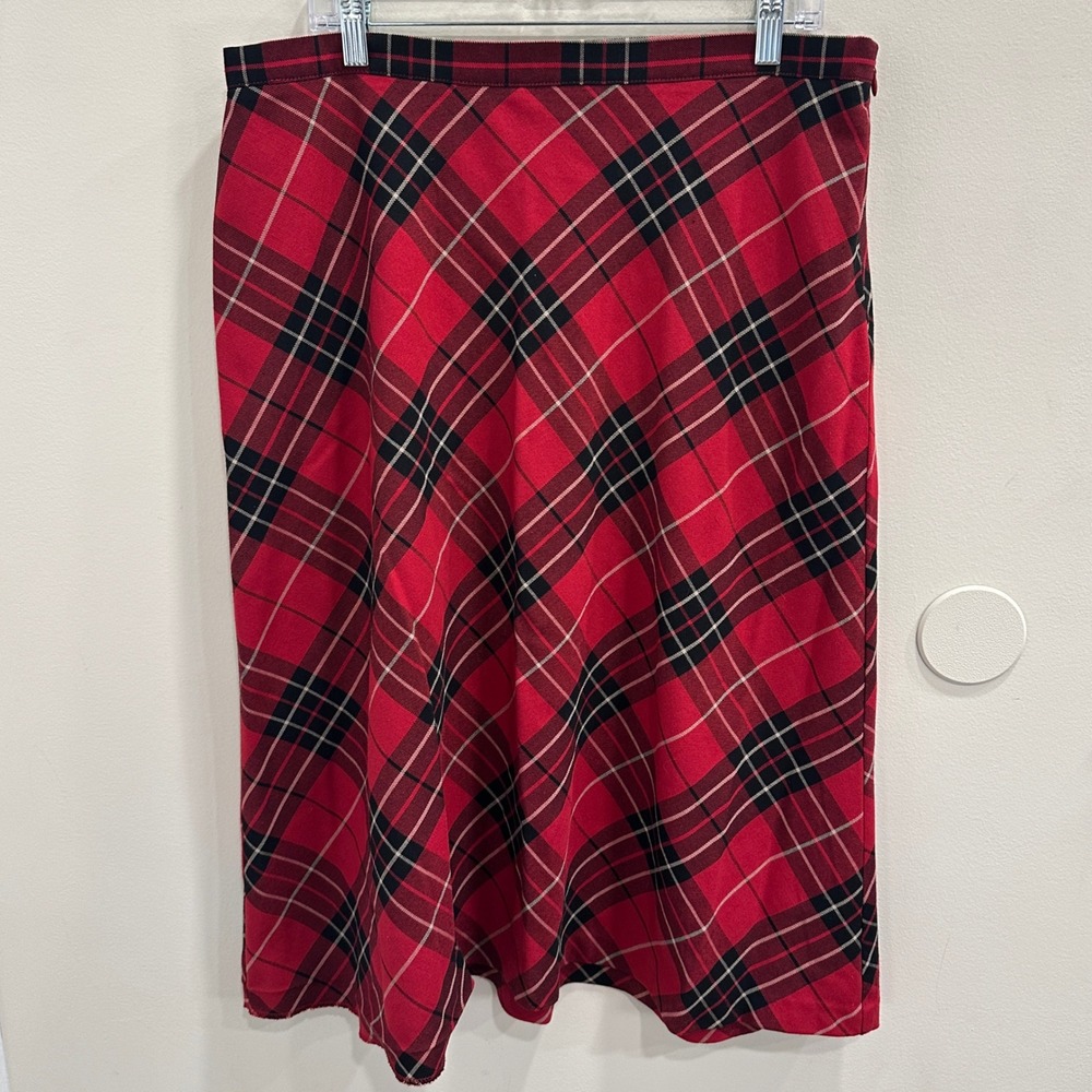 Red Plaid Tartan Midi Skirt Bias Cut A-Line Red Black White Classic Preppy Sz 14